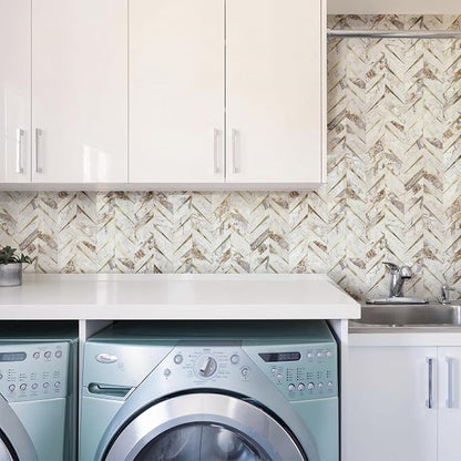 STICKGOO Herringbone Tile Peel and Stick Backsplash for Kitchen&Bathroom | 10-Sheet Self Adhesive Wall Tiles, Polished Pandora Marble Mixed Metal Gold PVC Stick on Backsplash Tile for Kitchen