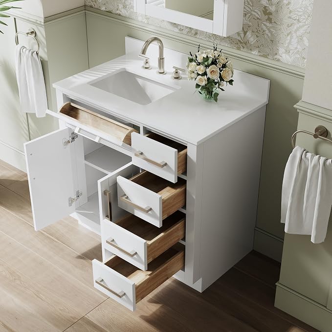 36-Inch Bathroom Vanity with Sink W/ 2 Doors & 4 Drawers & 1 Flip Drawer, White Vanity W/Brushed Nickel Handles