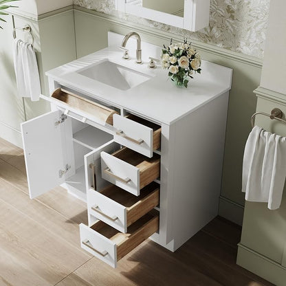 36-Inch Bathroom Vanity with Sink W/ 2 Doors & 4 Drawers & 1 Flip Drawer, White Vanity W/Brushed Nickel Handles
