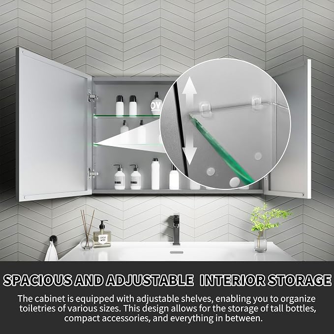 36x24 Inch Recessed Medicine Cabinet with Mirror, Aluminum Medicine Cabinet Mirror, Recessed or Surface Mount with 2 Adjustable Shelves Storage Organizer, Pre-Assembled Door, Soft-Closed System