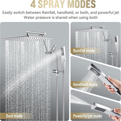 All Metal 12 Inch Rain Shower Head with Handheld Built-in Power Wash Mode, High Pressure Waterfall Rainfall Square Shower Heads with 16" Adjustable Extension Arm, Dual Showerhead(Chrome)