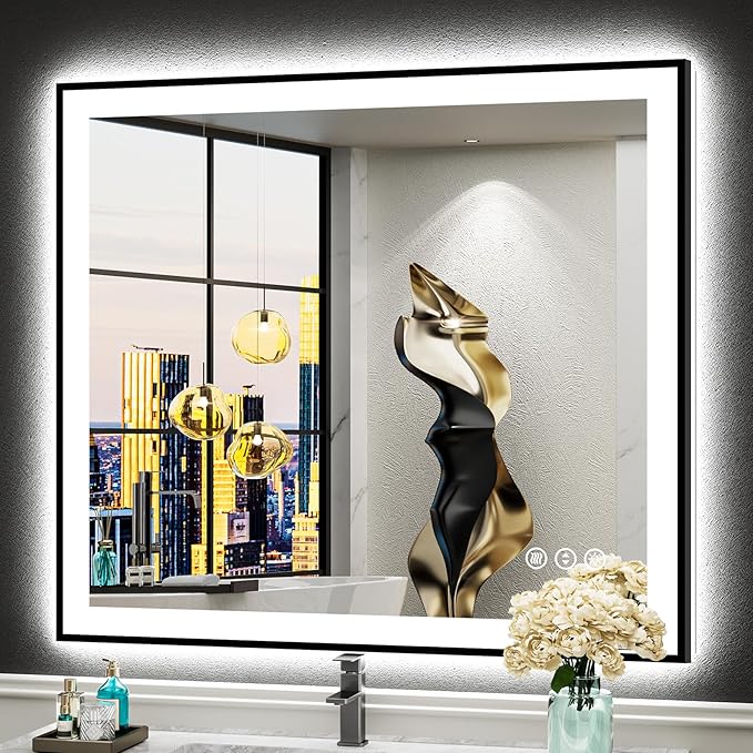 32x36 Black Framed LED Bathroom Mirror with Lights, Backlit and Front Lit Anti-Fog Lighted Vanity Mirrors for Bathroom Wall, Dimmable, 3 Colors, Memory, HD Tempered Glass, Horizontal/Vertical