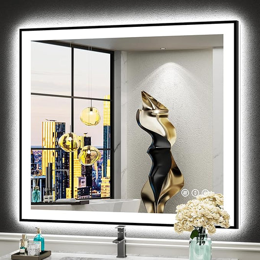 32x36 Black Framed LED Bathroom Mirror with Lights, Backlit and Front Lit Anti-Fog Lighted Vanity Mirrors for Bathroom Wall, Dimmable, 3 Colors, Memory, HD Tempered Glass, Horizontal/Vertical