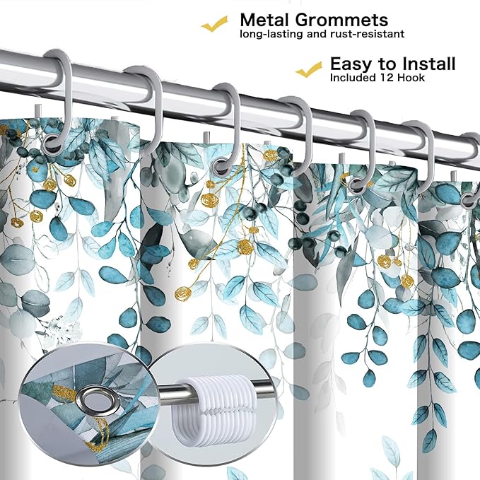Teal Blue Eucalyptus Shower Curtain, Watercolor Plants Foliage Floral Bathroom Curtains, Cottagecore Botanical Leaves Waterproof Fabric Cloth Shower Curtain Set with Hooks 60X72 Inch