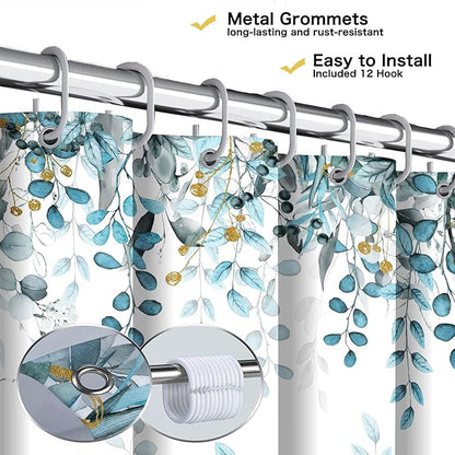 Teal Blue Eucalyptus Shower Curtain, Watercolor Plants Foliage Floral Bathroom Curtains, Cottagecore Botanical Leaves Waterproof Fabric Cloth Shower Curtain Set with Hooks 60X72 Inch