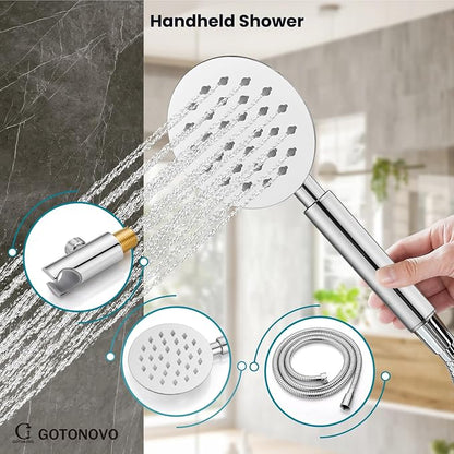 gotonovo High Pressure Shower System Valve and Trim Kit,Polish Chrome | Round Rain 10 Inch Shower Head with Handheld Faucet Set Complete,Rough In Valve,2-in-1 Diverter,All Metal,Bathroom Wall Mount
