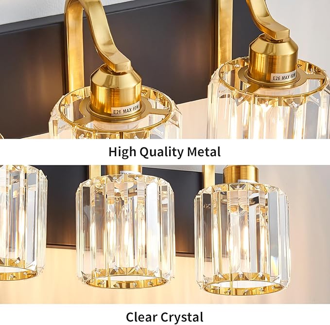 Modern Crystal Bathroom Vanity Lights, Black and Gold 3-Lights Bathroom Light Fixtures Over Mirror, Crystal Wall Lighting for for Mirror Bedroom Living Room (Exclude Bulb)