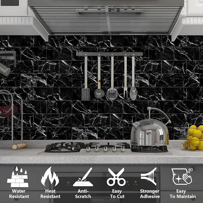 URCOLOR 32-Piece Peel and Stick Backsplash Wall Tile, 4"x 8" PVC Glossy Black Marble Stick on Subway Tiles for Kitchen, Bathroom, Laundry Room, Camper, Fireplace