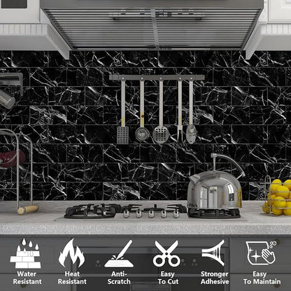 URCOLOR 32-Piece Peel and Stick Backsplash Wall Tile, 4"x 8" PVC Glossy Black Marble Stick on Subway Tiles for Kitchen, Bathroom, Laundry Room, Camper, Fireplace