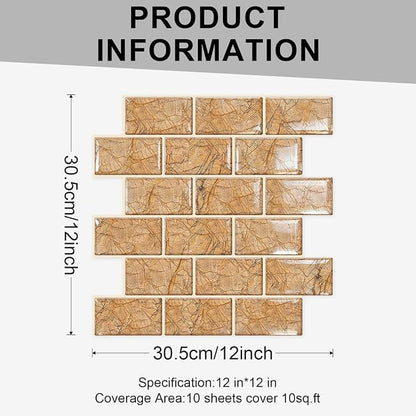 10 Sheets Thicker Design Peel and Stick Backsplash, 12"x12" Peel and Stick Wall Tiles, Subway Look Marble Tiles Backsplash for Kitchen and Bathroom, Rainforest Brown