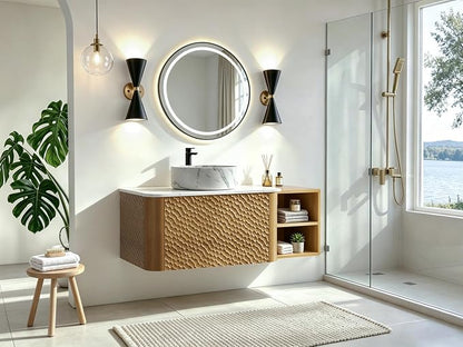 42 Inch Modern Bathroom Vanity with Ceramic Sink, Floating Bathroom Sink Cabinet with Sintered Stone Top&Solid Wood Hammered Frame, Single Bathroom Vanities w/Soft-Close Drawer&Side Open Cube