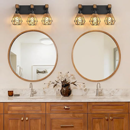 LmnLvn 3-Light Bathroom Vanity Light, Boho Farmhouse Hemp Rope Cage Shade | Wood & Black Metal Frame, Rustic Vanity Lighting, Mounted Over Mirror, Easy To Install for Restroom, Bedroom & Hallway