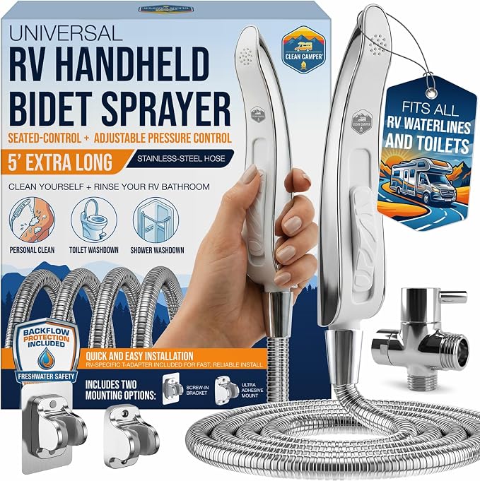 RV Handheld Bidet Sprayer for All RV Toilets, 5' Hose | Fits all RV toilets with adjustable spray pressure, backflow preventer, stay-seated design, and extra-long 5' hose