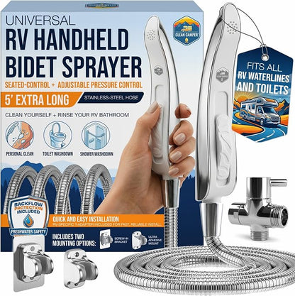 RV Handheld Bidet Sprayer for All RV Toilets, 5' Hose | Fits all RV toilets with adjustable spray pressure, backflow preventer, stay-seated design, and extra-long 5' hose