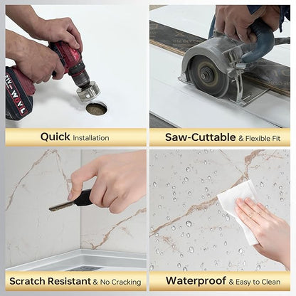 Woodbridge 36" W x 96" H 3-Piece Solid Surface Tile Tub and Shower Wall Panel Surround Kit in Beige Marble with Soft Brown Veining (High Gloss Finish), Quick Install and Trimmable, 3/16" (5mm) Thick
