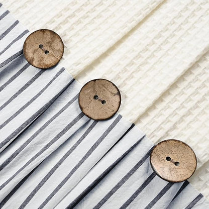 DOSLY IDÉES Farmhouse Shower Curtain, Beige and Black Striped, Button Curtain, Spa Waffle and Cotton Woven Fabric, Rustic Charm Country Chic Style, 72x84 in