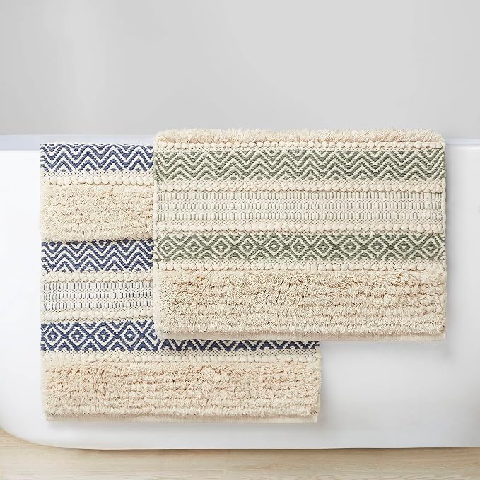 INK+IVY Asher Non-Slip Bath Rug Absorbent Quick Dry Striped, 22 x 58, Navy | Soft Pile, Machine Washable, Striped Pattern, Boho, OEKO-TEX Certified, Hand-Woven Texture, for Bathroom, Shower Room