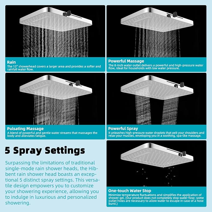 Hibbent 5 Spray Modes Shower Head, 13'' High Pressure Rain Shower Head, Large Rainfall Showerhead for Bathroom, High Flow Waterfall Fixed Showerheads with Adjustable Swivel Ball Joint, Silver