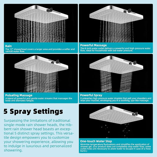 Hibbent 5 Spray Modes Shower Head, 13'' High Pressure Rain Shower Head, Large Rainfall Showerhead for Bathroom, High Flow Waterfall Fixed Showerheads with Adjustable Swivel Ball Joint, Silver