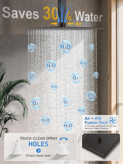 Woindo Shower Faucet Set, 10" Ceiling Mount Rainfall Shower System with 2 Rain Shower Head and Multi-function Handheld Head Push Button Diverter Shower Faucet Trim Kit