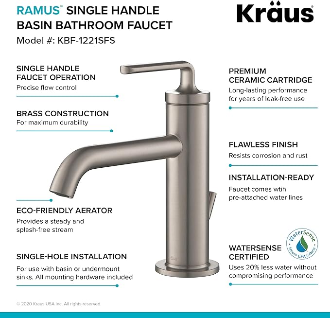 KRAUS Ramus Single Handle Bathroom Sink Faucet with Lift Rod Drain in Spot Free Stainless Steel, KBF-1221SFS