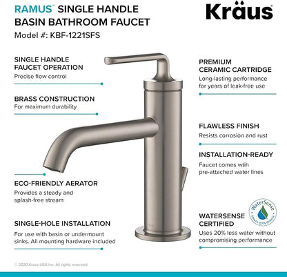 KRAUS Ramus Single Handle Bathroom Sink Faucet with Lift Rod Drain in Spot Free Stainless Steel, KBF-1221SFS