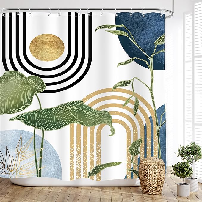 Glawry Navy Blue Boho Shower Curtain Abstract Mid Century Light Blue Tropical Palm Tree Sun Arch Plant Minimalist Bathroom Modern 72Wx78L Inches Bath Accessories Art Home Decor Fabric 12 Pack Hook