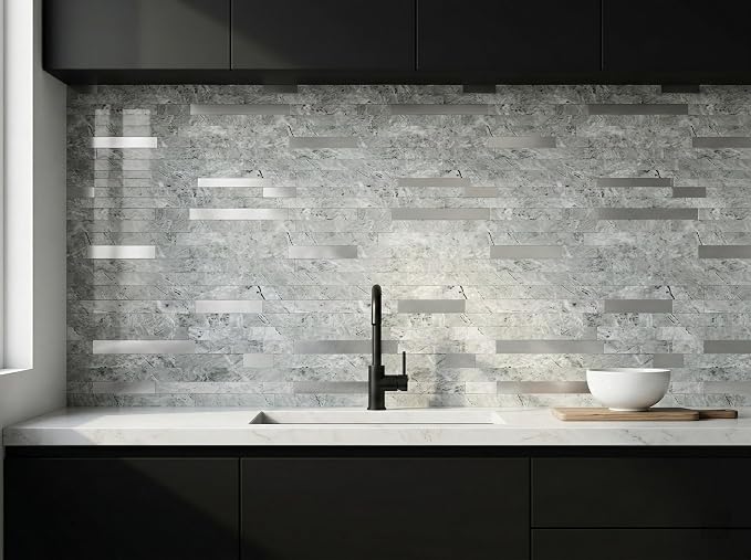 Yipscazo 5 Sheets Peel and Stick Stone Metal Tile Backsplash, Stick on Tiles for Backsplash Kitchen, Bathroom, Laundry Room, Camper, Fireplace (12'' X 12'', Polished Gray)