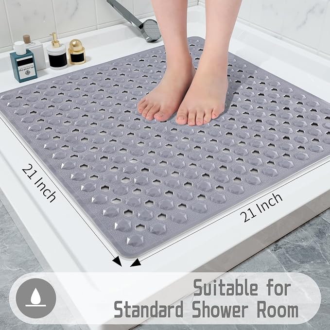 Yimobra Square Shower Floor Mat Non Slip, 21"X21" Machine Washable Bath Tub Mat, Soft on Feet, Bathmat with Drain Holes and Suction Cups, Fast Draining, Grey