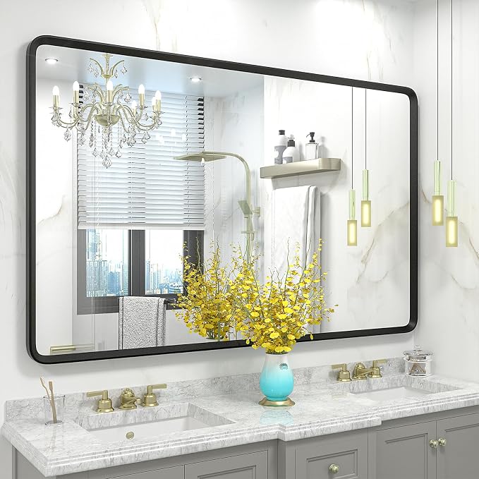 48x30 Black Bathroom Mirror | Matte Metal Framed Vanity Mirror, Rounded Rectangle Mirror, Anti-Rust, Shatterproof (Horizontal/Vertical)
