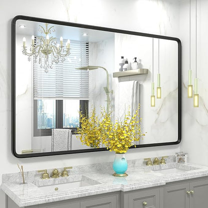 48x30 Black Bathroom Mirror | Matte Metal Framed Vanity Mirror, Rounded Rectangle Mirror, Anti-Rust, Shatterproof (Horizontal/Vertical)