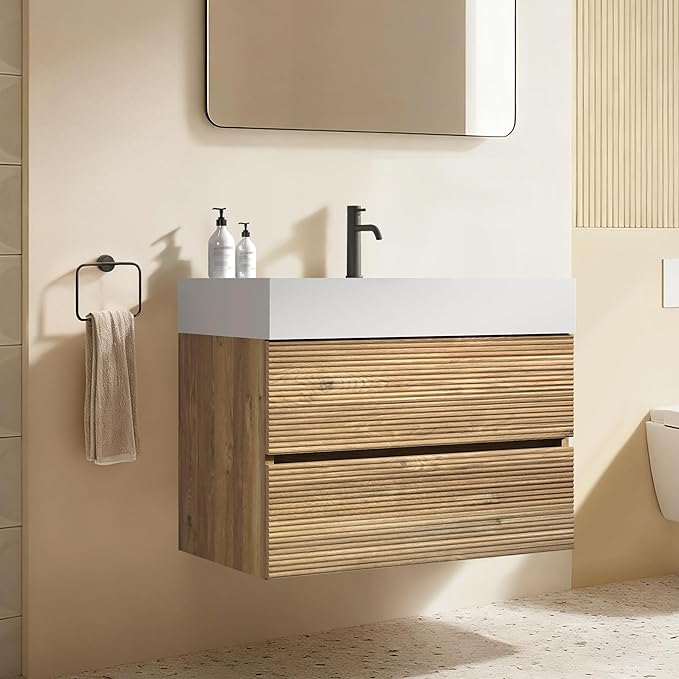 30 Inch Floating Bathroom Vanity with Sink, Modern Floating Bathroom Cabinet with 2 Soft-Closing Drawers, Large Storage for Powder Room, Apartment, Hotel, Rough Oak Finish, Fir Collection