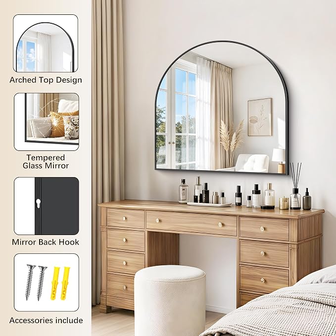 Arched Bathroom Mirror 42x42 Inch, Bathroom Mirror for Over Sink, Wide Wall Mounted Vanity Mirror with Aluminum Frame & Tempered Glass, Ideal for Bedroom, Entryway, Living Room, Mantel, Gold