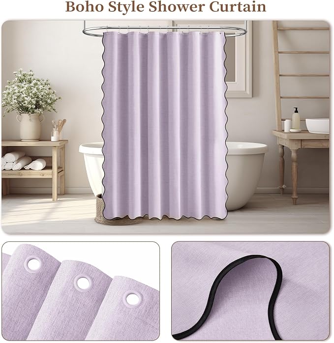 BTTN 72x80 Boho Scalloped Linen Textured Cloth Shower Curtain Set, Lavender | Long Size, 230GSM Waterproof Polyester, Heavy Duty Fabric, 12 Plastic Hooks, Elegant Modern Farmhouse Style, Machine Washable