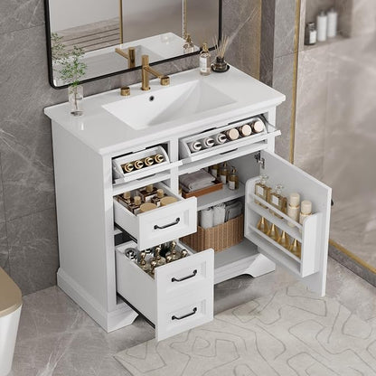 36" Bathroom Vanity with Ceramic Sink,Freestanding Storage Cabinet w/Soft-Close Door and 2 Tip-Out & 2 Drawers,Undermount Single Basin Bath Vanity Set w/Adjustable Shelf,White