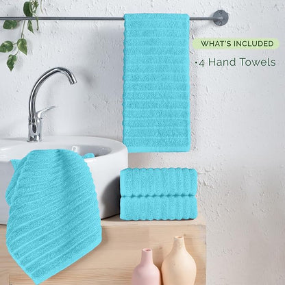 Elegant Comfort Luxury 100% Turkish Cotton Corduroy Ribbed 4 Pack Hand Towel Set 16 x 28 Inch - Absorbent, Super Soft, Quick Dry, Premium Towels for Bathroom, Gym, Spa and Hotel Use, Aqua