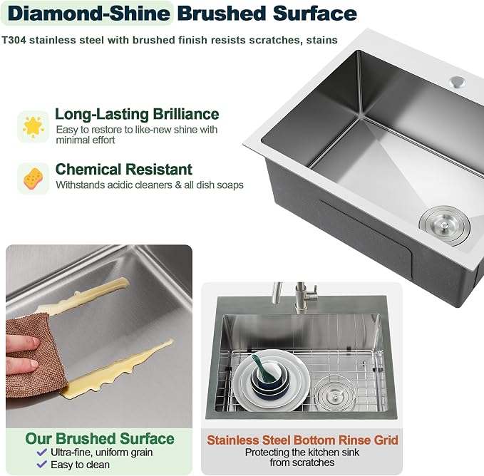 Kitchen Sink, 22 x 18 Inch Drop in Sink, 304 Stainless Steel | Centre-Offset Drain, 9" Deep Single Bowl, Topmount Installation, Brushed(Inclued Drain Strainer & Bottom Grid)