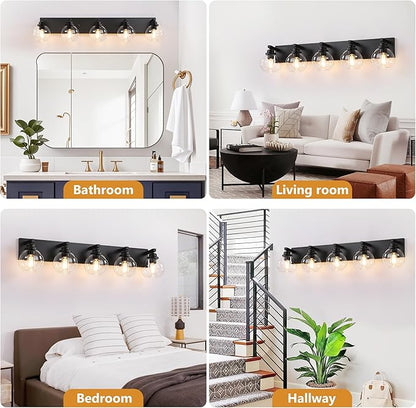 Bathroom Light Fixtures, 5-Light Matte Black Vanity Lights, Modern Bathroom Lighting Fixtures Over Mirror, Farmhouse Vanity Lights with Glass Shade for Living Room, Bedroom, Hallway