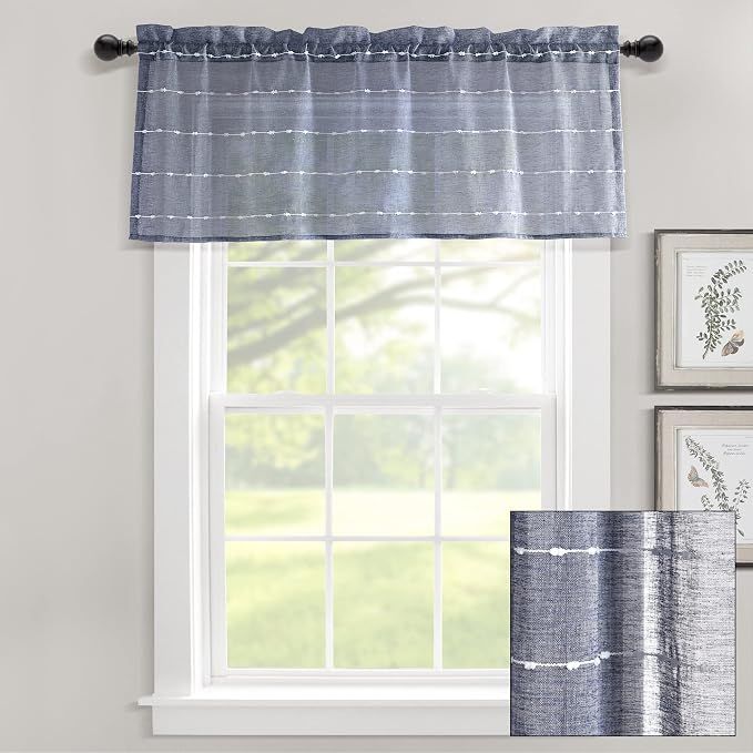 Lush Decor Farmhouse Textured Sheer Window Curtain Valance, 52"W x18"L, Navy