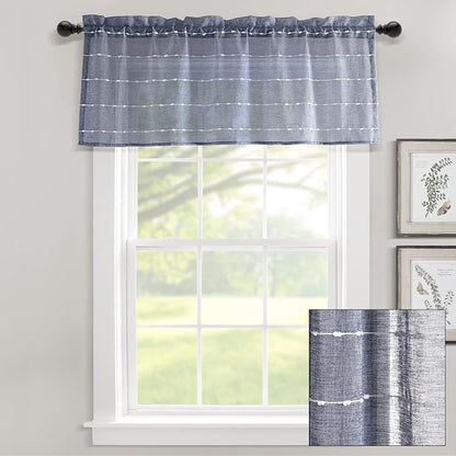Lush Decor Farmhouse Textured Sheer Window Curtain Valance, 52"W x18"L, Navy