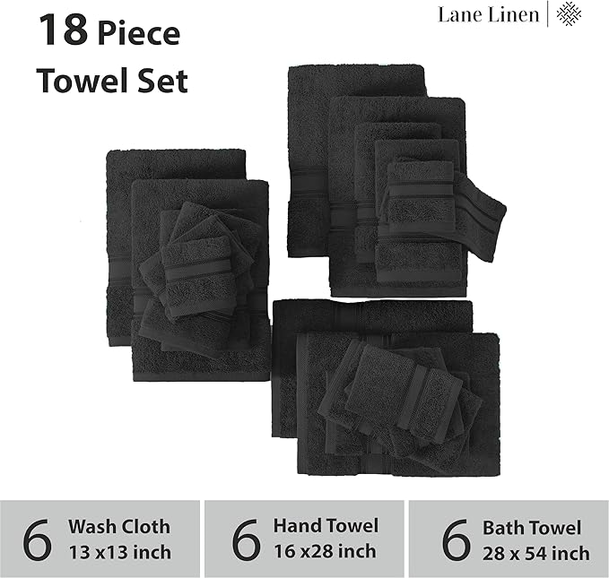 LANE LINEN Large Bath Towel Set Absorbent Quick Dry 100% Cotton - Black | Cotton Towels - Fade-Resistant Color, Classic Terry Weave, Densely Woven, Coordinated Colors, Everyday Durability