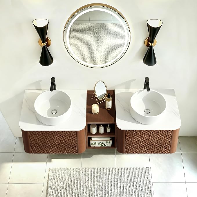 60 Inch Double Vanity with Sink Set, Floating Bathroom Sink Cabinet with Sintered Stone Top&Solid Wood Hammered Frame, Double Bathroom Vanities w/Soft-Close Drawers&1 Side Open Cube