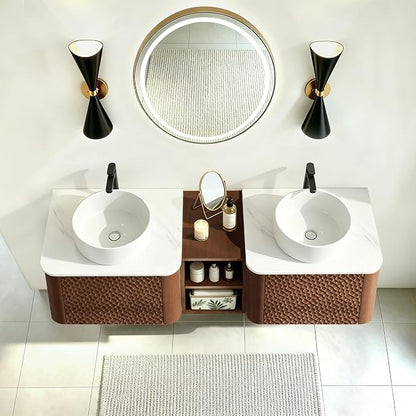 60 Inch Double Vanity with Sink Set, Floating Bathroom Sink Cabinet with Sintered Stone Top&Solid Wood Hammered Frame, Double Bathroom Vanities w/Soft-Close Drawers&1 Side Open Cube