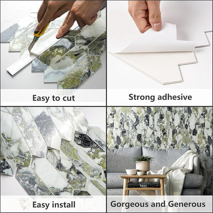 Vamos Tile Glossy Ice Green Backsplash Tile Peel and Stick, 12.8 x 12.8 Inch 10 Sheets Long Hexagon PVC Self Adhesive Mosaic Wall Tiles Stick on Backsplash for Kitchen Bathroom and Fireplace