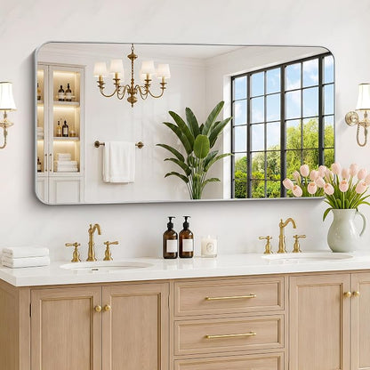 DESBING 55"x30" Bathroom Mirror for Over Sink, Silver Framed Wall Mirror | High-Definition Shatterproof Vanity Mirror with Rounded Corner for Bedroom Living Room Entryway Horizontally or Vertically
