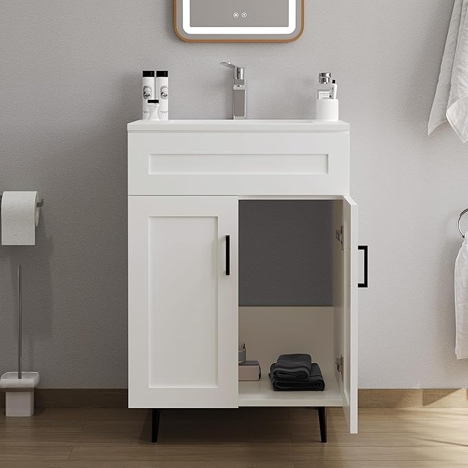24 Inch Bathroom Vanity with Sink, Modern Wooden Freestanding Bathroom Storage Cabinet with 2 Doors and 1 Drawer, Metal Legs, Painted Surface, White