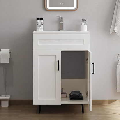 24 Inch Bathroom Vanity with Sink, Modern Wooden Freestanding Bathroom Storage Cabinet with 2 Doors and 1 Drawer, Metal Legs, Painted Surface, White