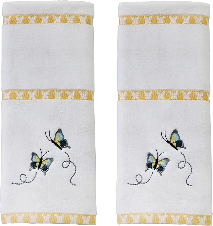 SKL Home Dancing Butterflies Hand Towel Set-2pc, 100% Cotton, White | Soft velour with decorative embroidery. For use in the bathroom, kitchen, bar or any sink space & makes a great gift.