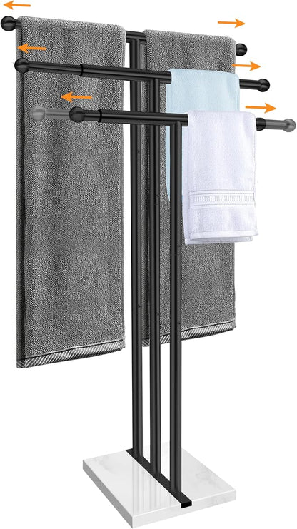 Kayfia 40'' Stainless Steel Towel Rack, Weighted Marble Base, 3 Tier | Width Adjustable Taller Design, Brushed Stainless Steel , Stable Weighted Base, Suitable For Multiple Bathroom Spaces, Black