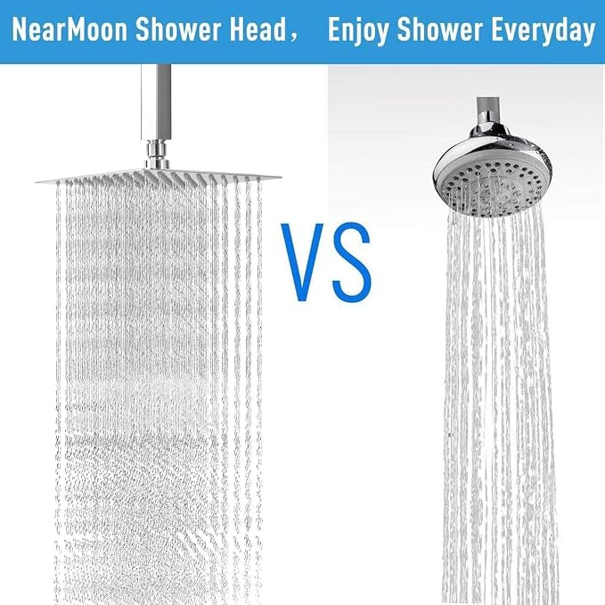 NearMoon Rain Shower Head With Shower Arm, Ceiling Mount Square Shower, Stainless Steel Ceiling Rainfall Showerhead- Waterfall Full Body Coverage (12 Inch, Chrome)